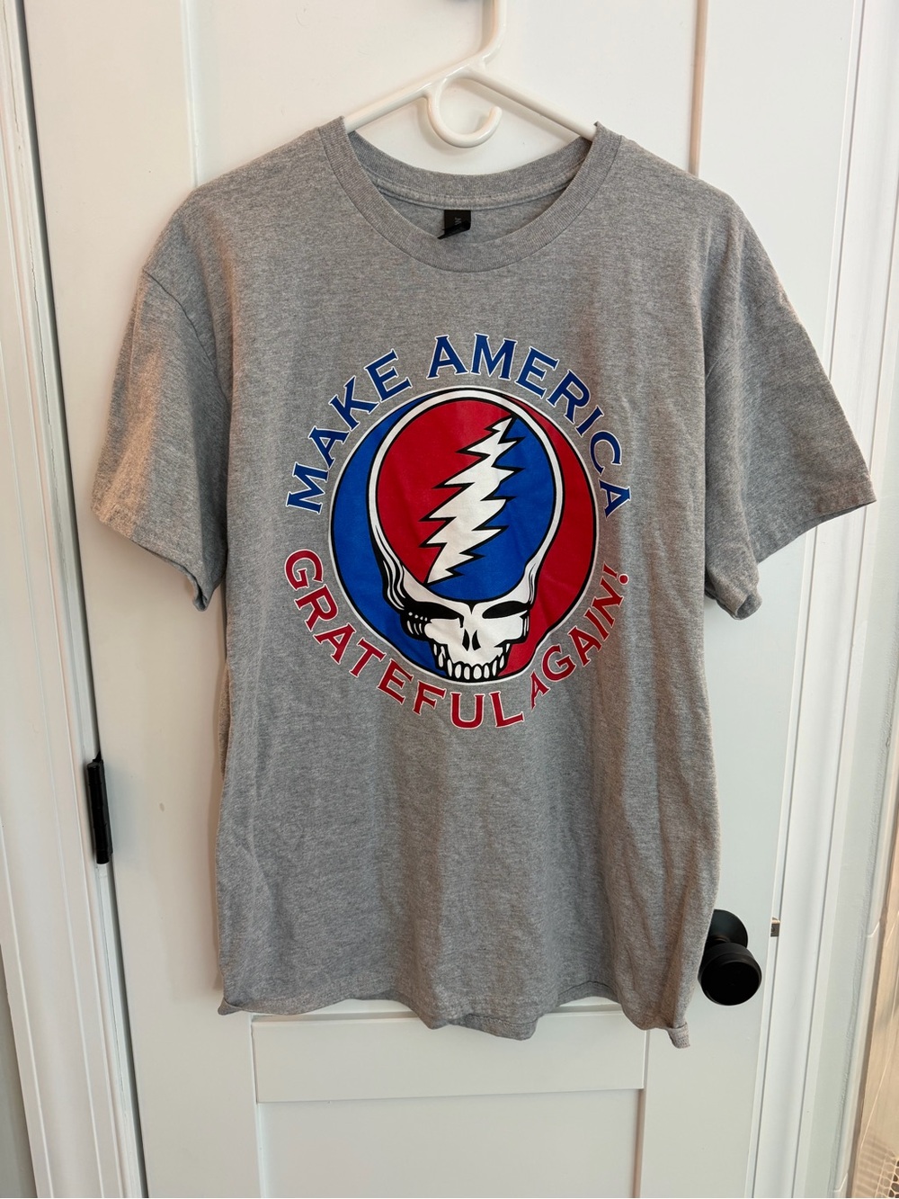 Gildan Gray Tee with Red, Blue and White Graphic